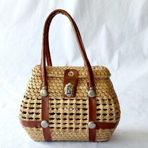 Hands crafted palm leaf straw picnic Basket Handbag